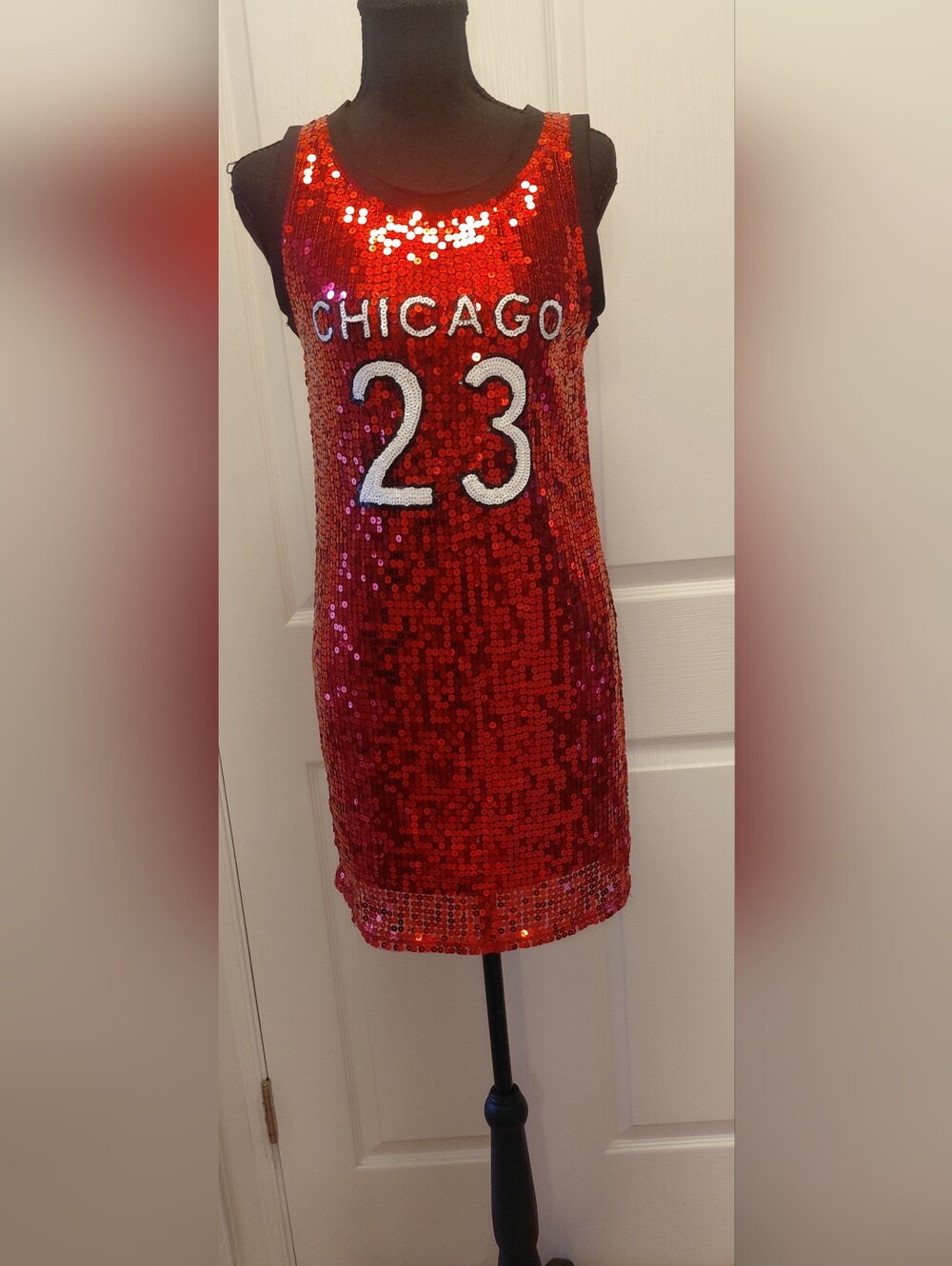 rue21 Red Sequin Chicago 23 Jersey Tank Dress Small Y2K Michael Jordan Style